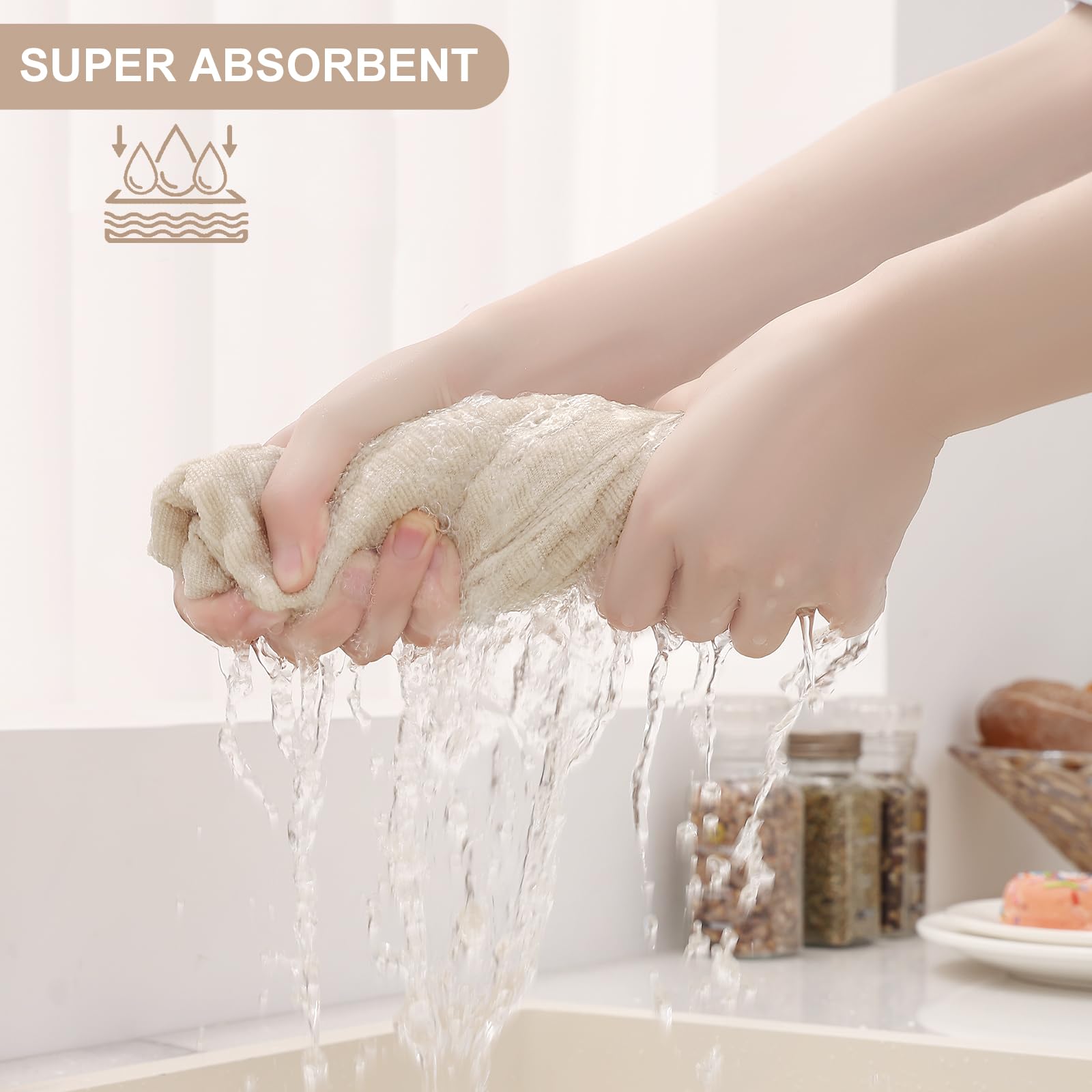 Homaxy Lot de 6 torchons de cuisine 100 % coton éponge (38,1 x 63,5 cm), doux et super absorbants, 380 g/m² réutilisables avec boucle de suspension, motif grille d'ananas, beige