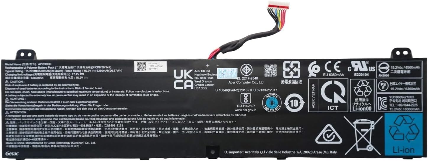 AP20BHU 4ICP9/35/142 4ICP8/36/142 Laptop Battery Replacement for Acer Predator Triton 500 SE 16" PT516-51S PT516-51S-70TP PT516-51S-96BX PT516-51S-92CB Series (15.2V 99.98Wh)