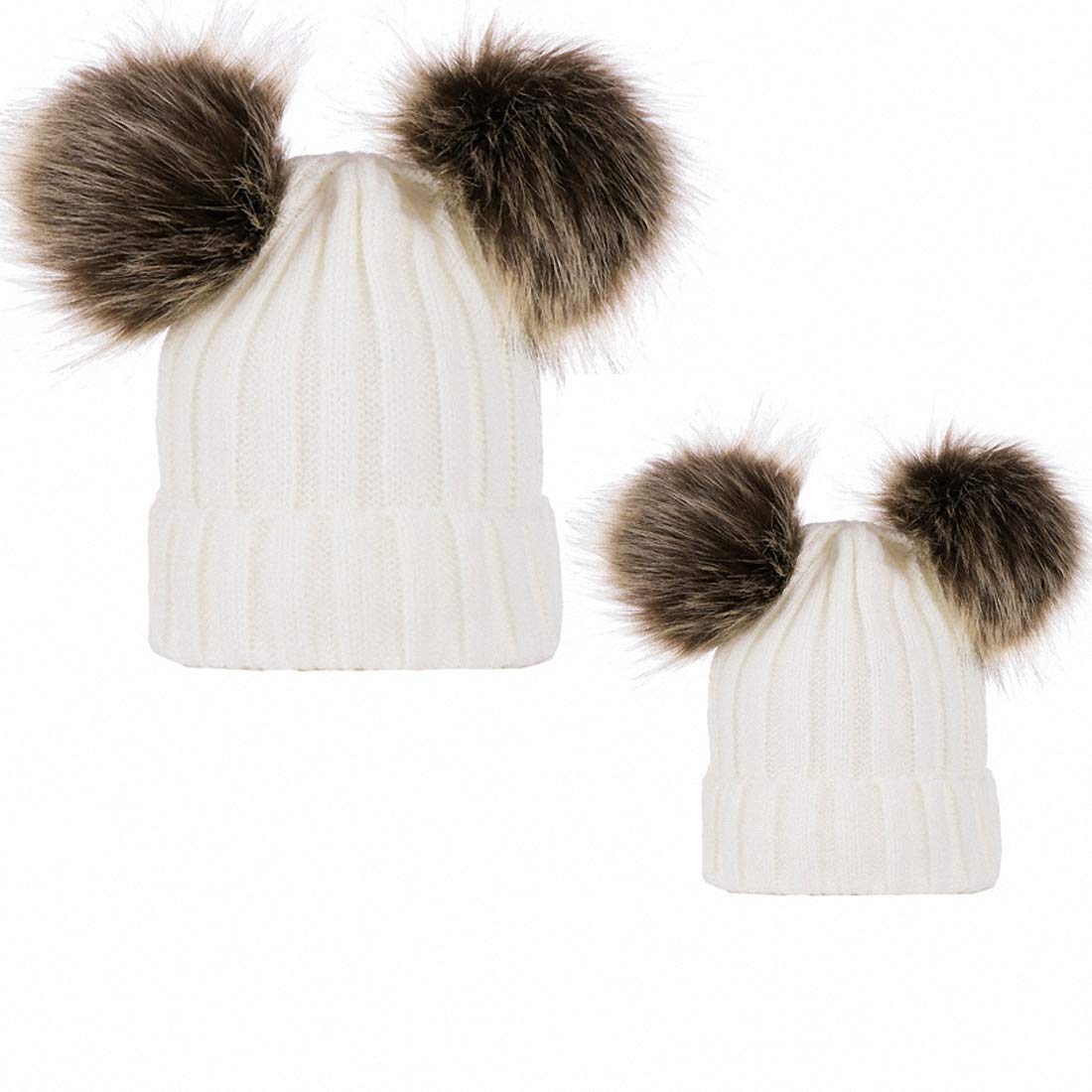 Ulalaza Women's Whi 2Pcs Mother&Baby Hat Parent-Child Hat Family Matching Cap Winter Warmer Knit Wool Beanie Ski Cap