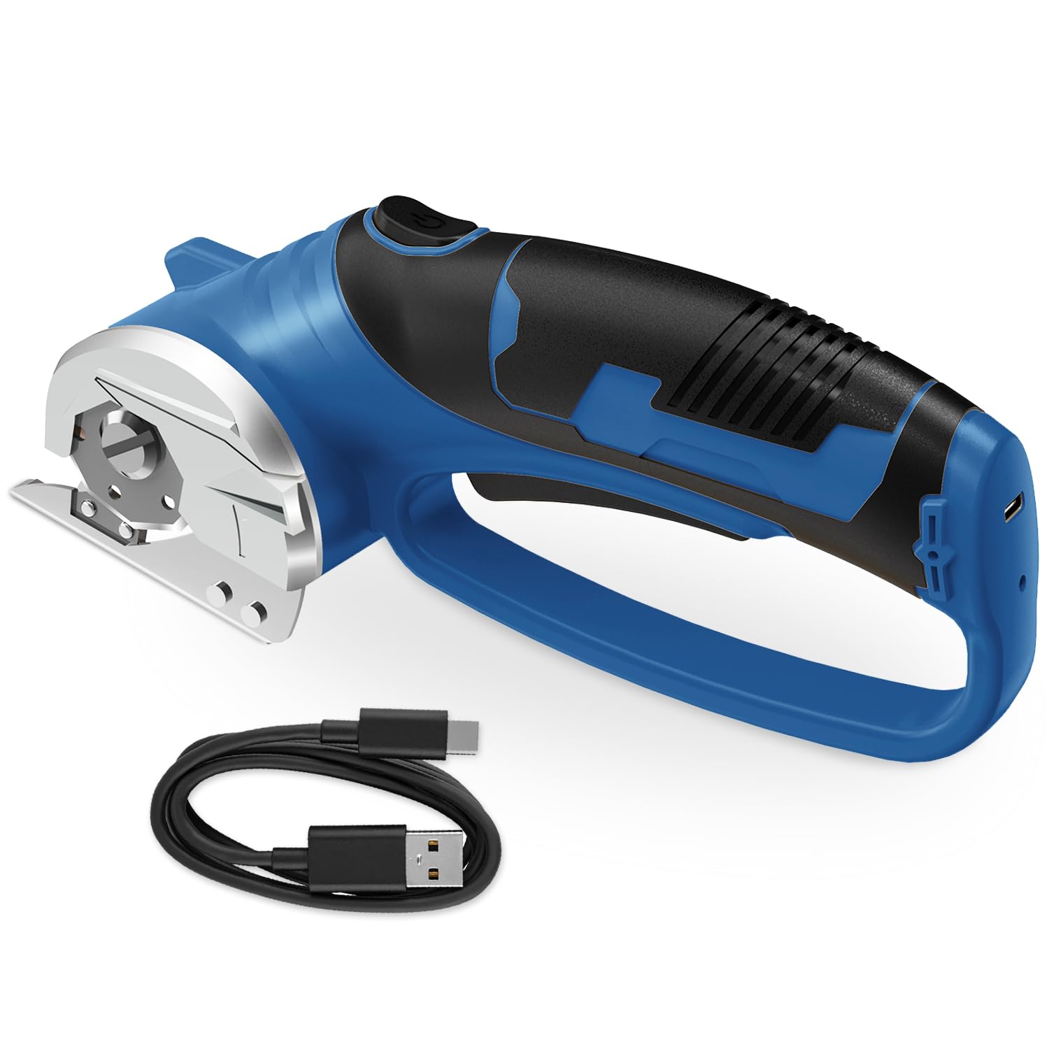 Cordless Electric Scissors, 4V Rechargeable Box Cutter &amp; Cardboard Cutter with Titanium Blade, LED Light, Safety Lock - Rotary Cutter for Fabric, Leather, Carpet, Plastic, Crafting, Sewing(Slate Blue)