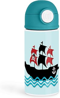 Fun Pirate Lovers 12oz Kids Green Bottle – Colorful pirate ship with black and red sails – School Lunch, Outdoor Play