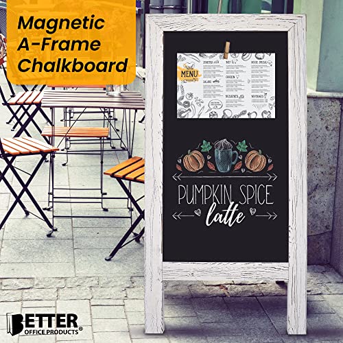 Magnetic A-Frame Chalkboard Sign, Extra Large 20" X 40", Standing Chalkboard Easel, With Chalk Marker + Chalk & Eraser, Sandwich Board Outdoor Sidewalk Sign, By Better Office Products (Whitewash) #TOP1