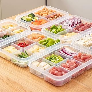 2PCS Lightweight 6 Compartme Meal Prep Containers with Lids, Easy to Carry Divided Food Storage Bento Box for Refrigerator and Freezer, Stackable Clear Plastic Organizer for Kitchen, Lunch, leftovers