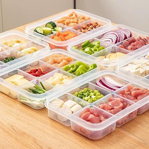 2PCS Lightweight 6 Compartme Meal Prep Containers with Lids, Easy to Carry Divided Food Storage Bento Box for Refrigerator and Freezer, Stackable Clear Plastic Organizer for Kitchen, Lunch, leftovers