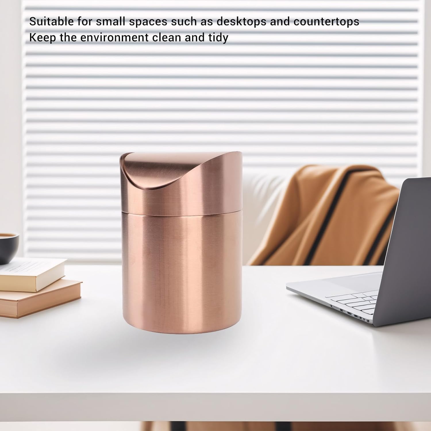 Mini Trash Can with Swing Lid, 4.7 X 6.7Inch Rose Gold Stainless Steel Small Garbage Can, Multifunctional Waste Bin for Home, Office, Kitchen, Vanity Tabletop, Bedroom, Bathroom