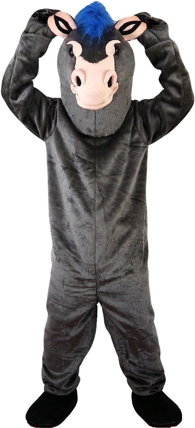 Grey Donkey with Blue Hair Mascot Costume Adult Size for Men & Women with Built-in Fan Inside the Head