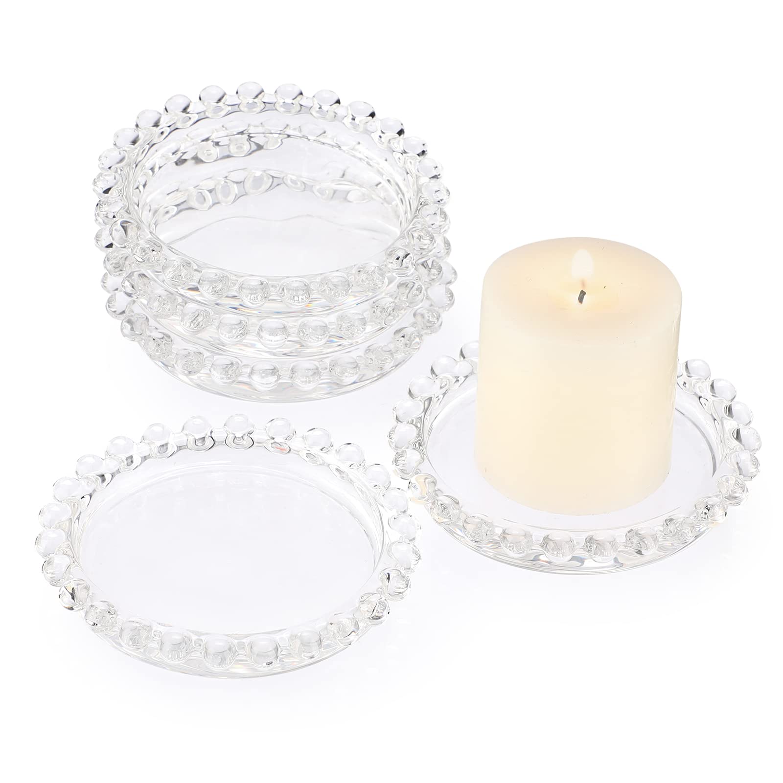 5 PSC Transparent Glass Candle Plate with Beads Rim Cup Crystal Cup Mat for Pillar Candle Clear Plate Home Décor for Wedding Party Dinner Event Centerpiece Home Decor, 3.5 Dia