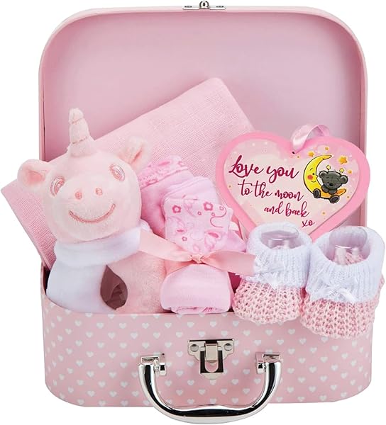 Baby Box Shop Baby Girl Gift Set Newborn Essentials in a Keepsake Box - All-in-One Ready-to-Gift Baby Shower Gift for Girls with Rattle Bib Booties Mittens Hat Muslin Cloth - Premium Baby Girl Hamper - 1