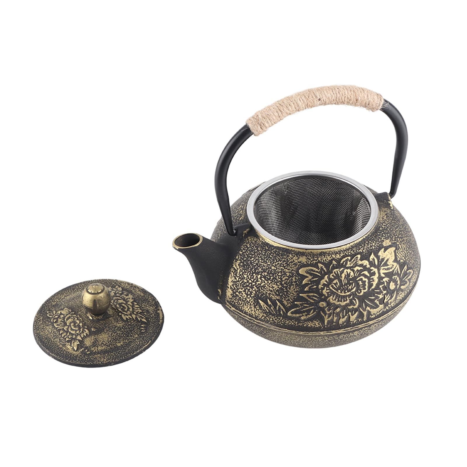Teiera in ghisa in stile giapponese da 900 ml con filtro infusore rimovibile, modello retrò peonia per preparare tè sfuso in foglie, tisana verde nero, materiale in ferro,