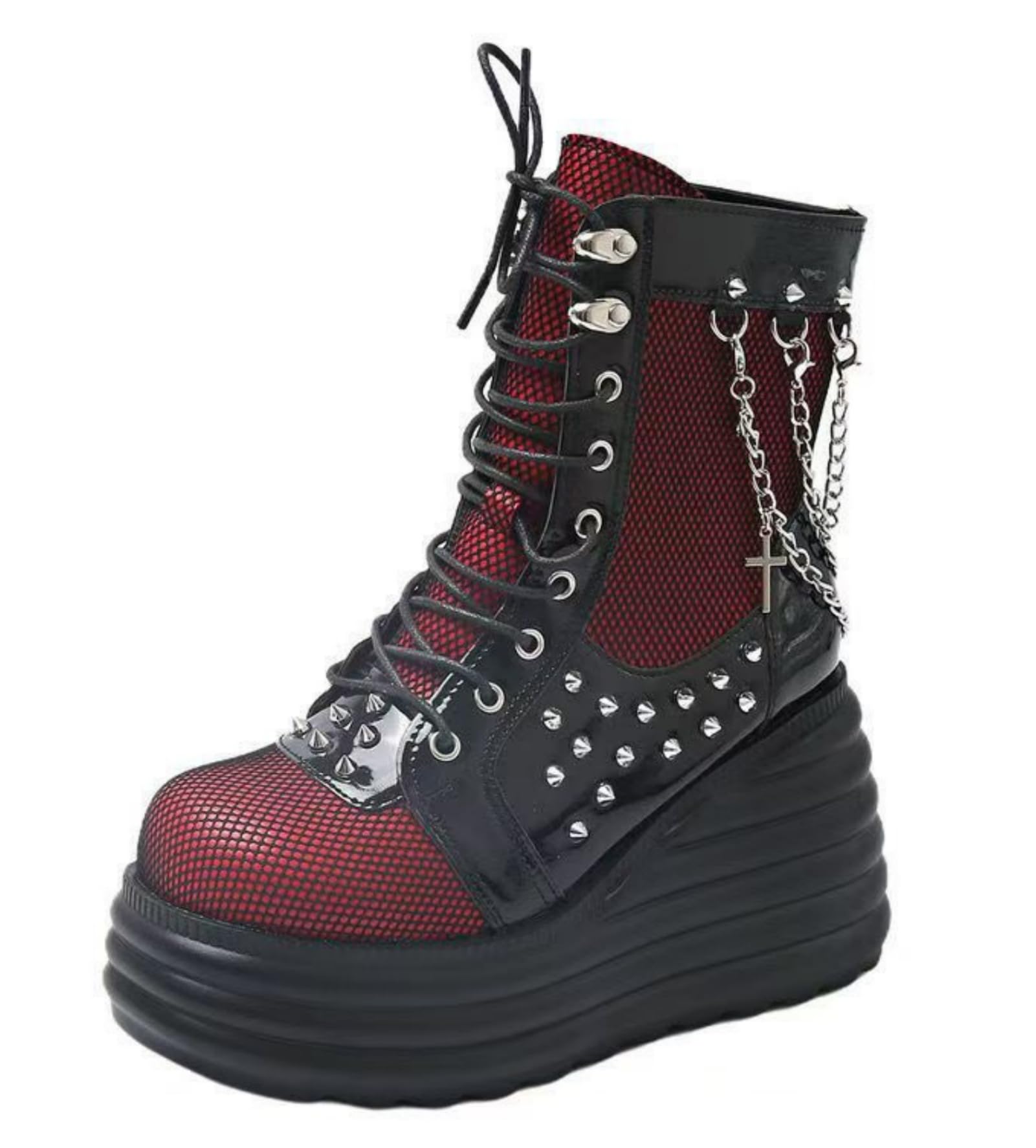 Womens Black Round Toe Platform Boots - High Heel Combat Ankle Booties with Wedge Block Chunky Heel for