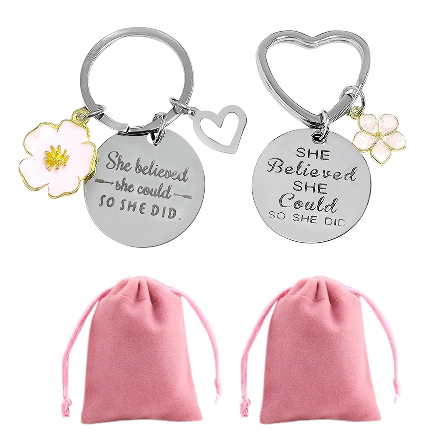 Inspirational "She Believed She Could So She Did" Keychain - Blue Flower Gift For Women & Girls