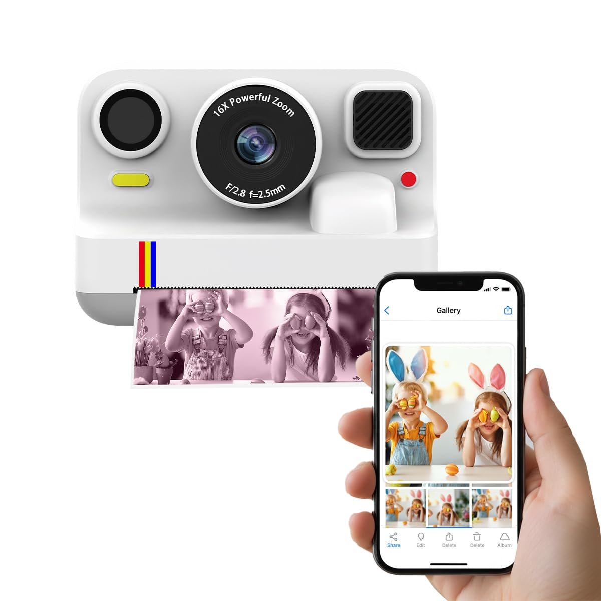 PRIXTON Appareil Photo Instantané pour Enfants Click&Go avec Imprimante, 48 MP, Vidéo Full HD 1080p, Zoom 16x, Écran 2,4”, Jeux, Cadres Amusants, 4 Rouleaux de Papier Inclus