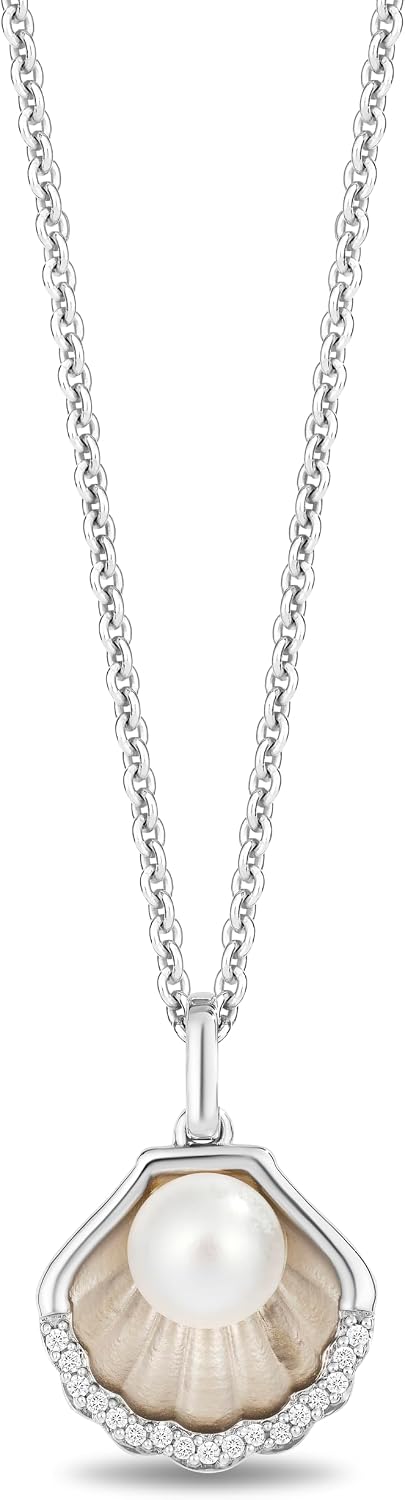 Jewelili Enchanted Disney Fine Jewelry Ariel Shell Pendant Necklace for Women | Sterling Silver | Pearl & 1/20 CTTW White Diamonds | Cable Chain | Inspired Jewelry Gifts for Her