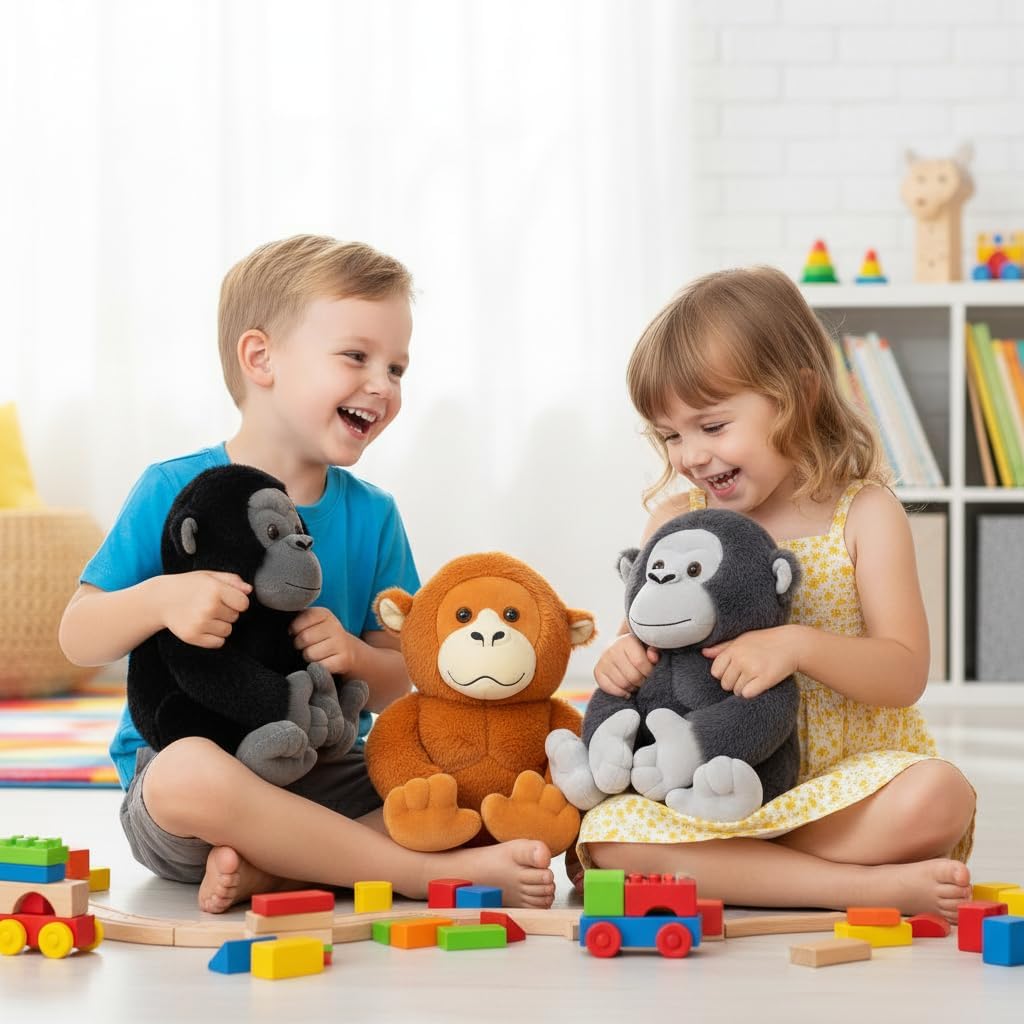 MorisMos Gorilla Stuffed Animal 3-Pack Set | 11.5" Realistic Gorilla, Chimpanzee & Orangutan Plush Toys, Soft Cuddly Ape Stuffed Animals for Kids, Baby Shower, Birthday