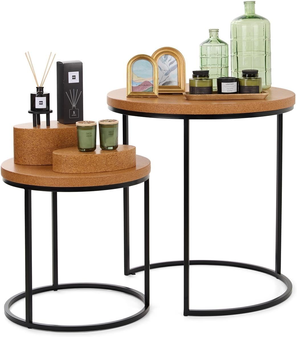 Displays2go Round Cork Top Nesting Tables with Versatile Space-Saving Design (SMCORKTBL2)