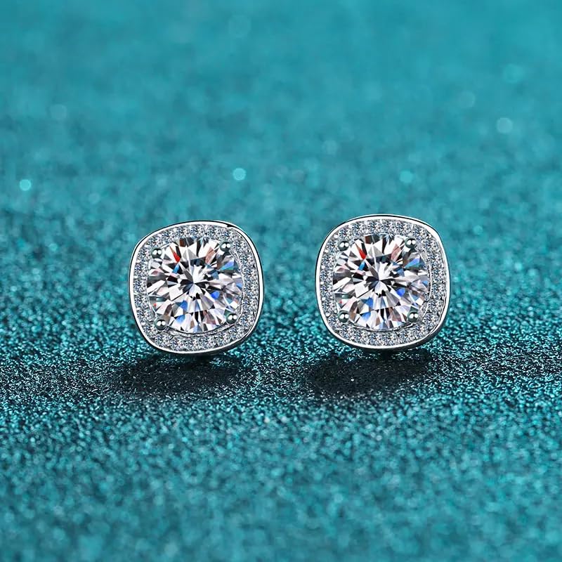 Image of 1-2 ct /pair Starlight Squared Halo Bliss Solitaire Studs Moissanite Earrings for Women and Men; Sterling Silver; GRA Certified; D VVS1