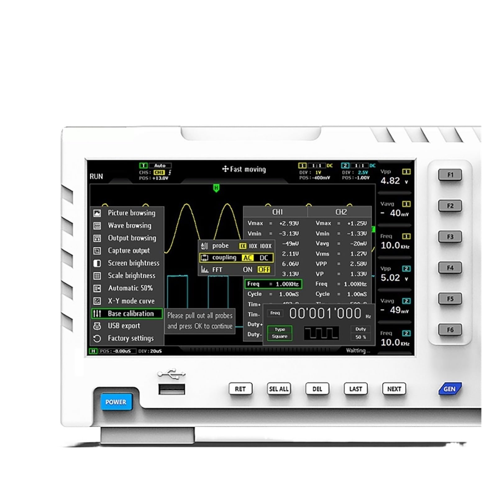 Osciloscopio Digital USB 1014D 2 en 1 generador de señal de entrada de doble canal 1GSa/s frecuencia de muestreo 100MHz * 2 ancho de banda analógico(1014D)