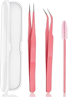 Professional Lash Tweezers,3 Pcs Eyelash Extension Tweezers Application Stainless Steel Straight and Curved Lash Tweezers Set with Eyelash Brush for Eyelash Extensions (Pink)