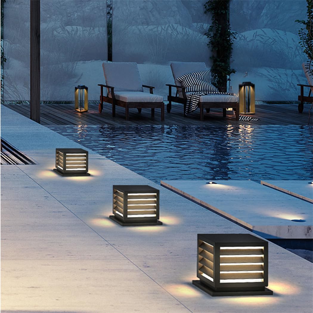 Modern Fashionable Pillar Lights Black Square Stainless Steel Post Light Fixtures Minimalist Exterior Landscape Lighting Unique Column Light for Top Wall Fence Driveway Garden Patio Path