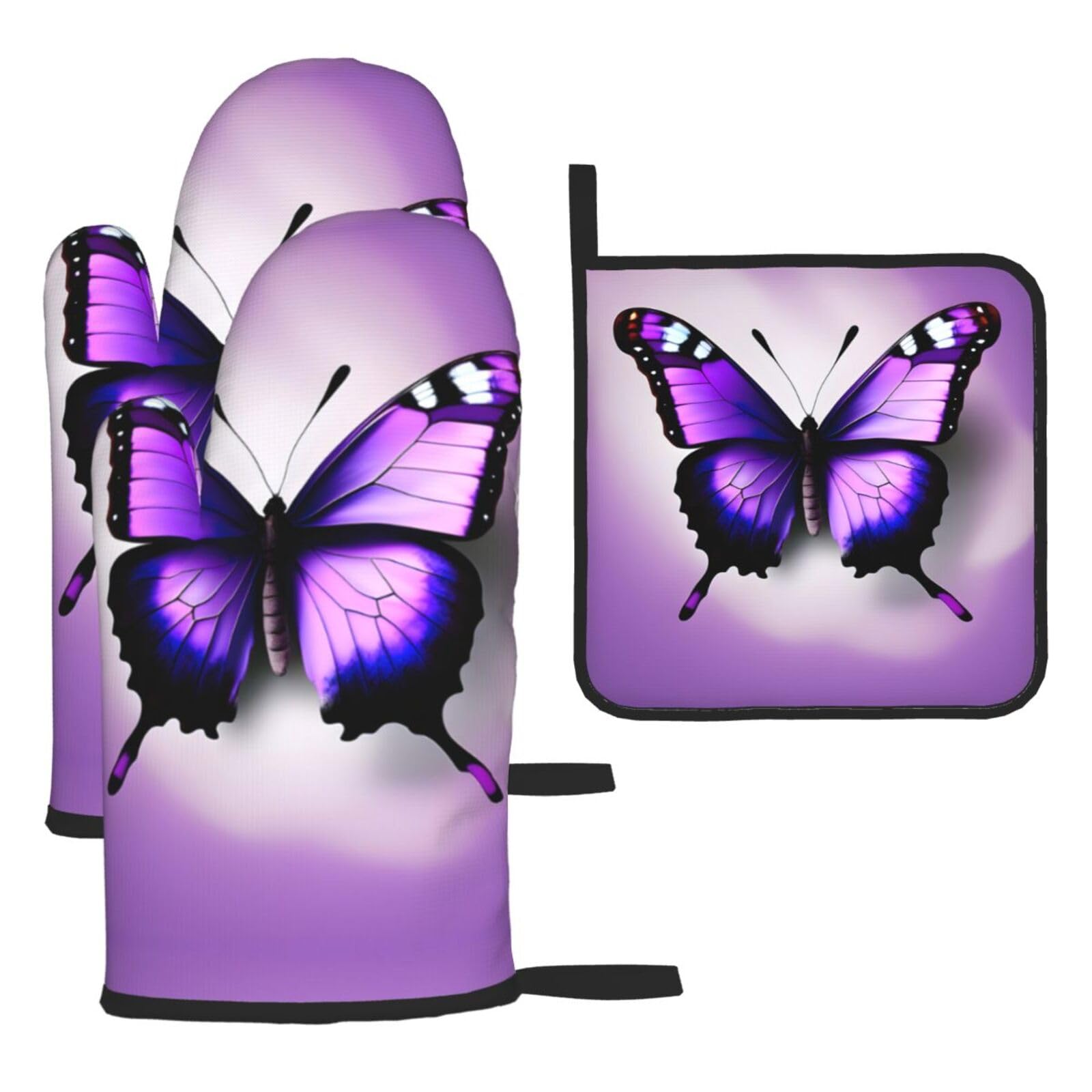 Purple Butterfly Print Print Oven Mitts and Pot Holders,Non-Slip Pot Holders for Kitchen,Thick Potholders for Baking Grilling