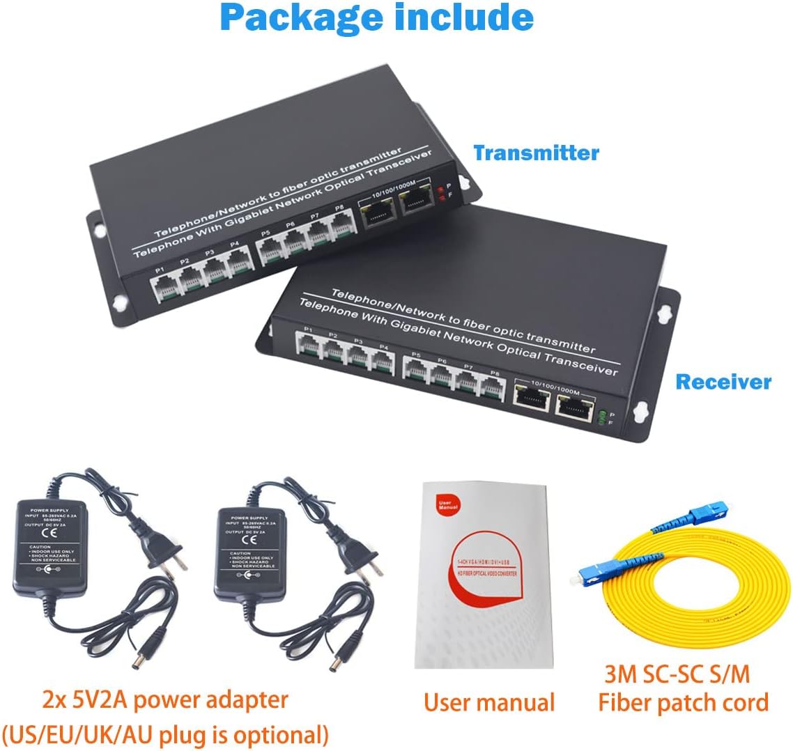 4 Port POTS RJ11 Landline Phones and 2 Gigabit Ethernet Over Fiber Optic Converter Extender Kit, Telephone Over Fiber – Singlemode 20Km, Multimode 500m