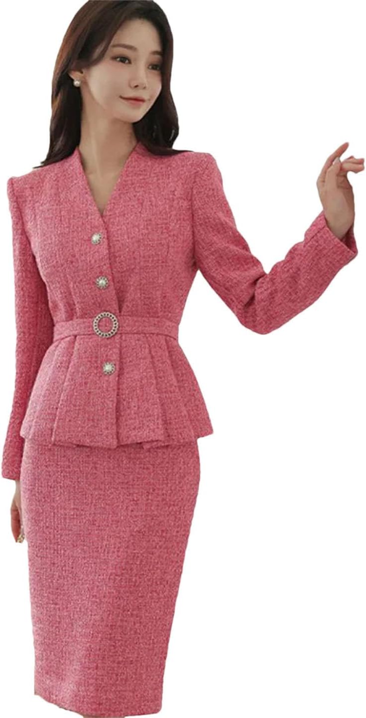 Women's Solid Color V Neck Single Breasted Belt Decoration Slim Pencil Skirt Two Piece Set