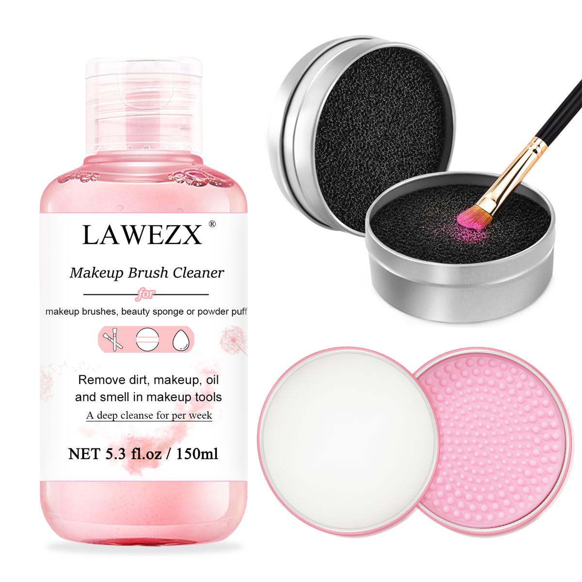 LAWEZX Limpiador de Brochas de Maquillaje Set 3 en 1: Limpiador de Pinceles de Maquillaje 150ml, Eesponja de Eliminación de Color, Limpiador de Jabón de 50g con un Almohadilla de Limpieza de Silicona