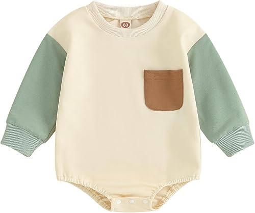 Fsadfeas Mameluco de manga larga con bloques de color para bebé, niño, niña, con bolsillo, cuello redondo, sudadera básica para otoño e invierno