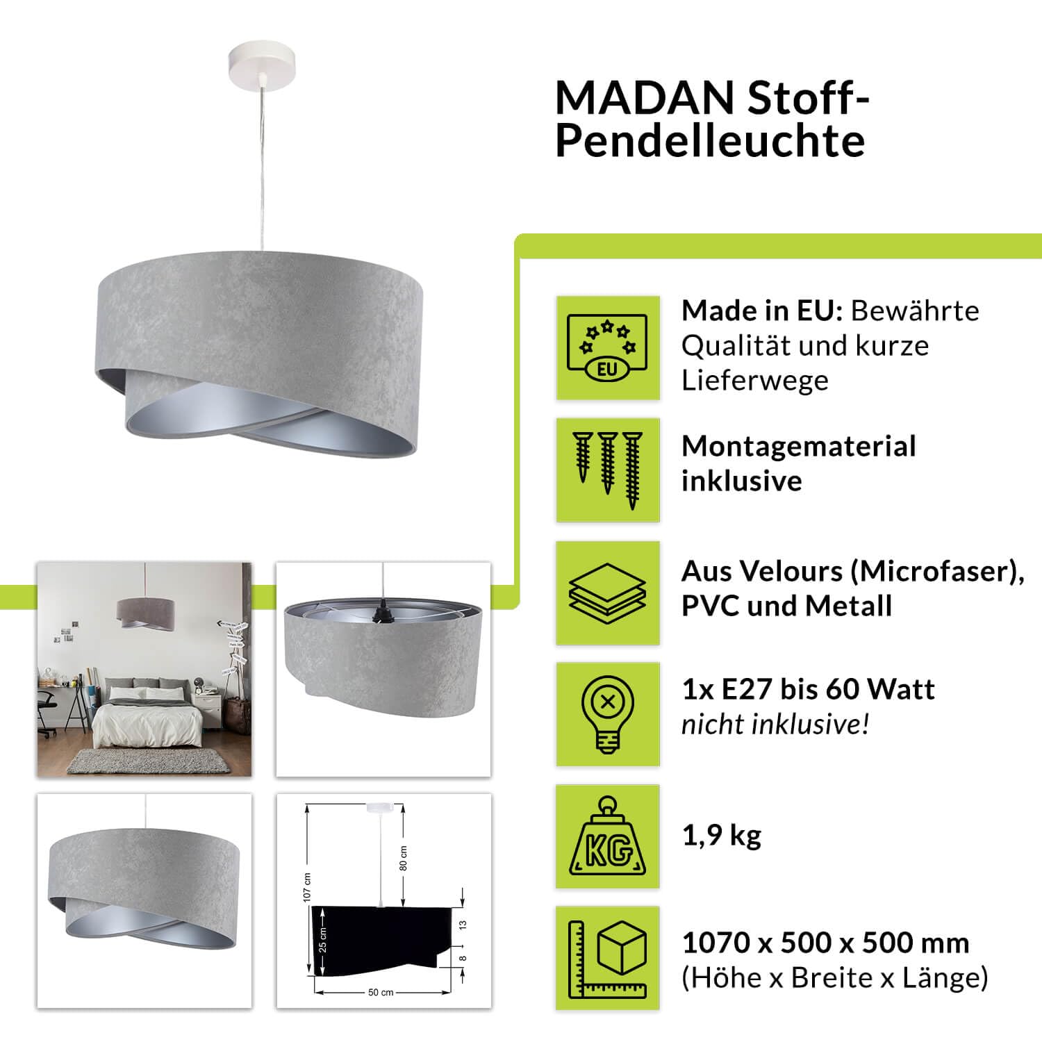 Licht-Erlebnisse Pendelleuchte Stoff Metall in Weiß Grau Silber Esstisch Wohnzimmer rund Ø50 cm E27 Doppelschirm Moderne Hängelampe Esszimmer MADAN