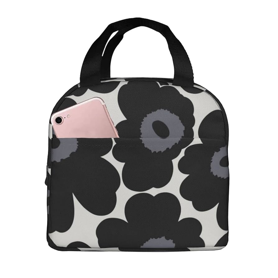 保冷バック ハンドメイド 黒 花柄 送料込】大きなフラワー柄 A4サイズサイドポケットトートバッグ