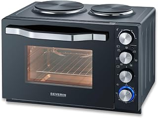 SEVERIN Horno tostador con placas eléctricas, horno eléctrico de sobremesa con temporizador y termostato, horno pequeño con asador para pollos, negro, TO 2074