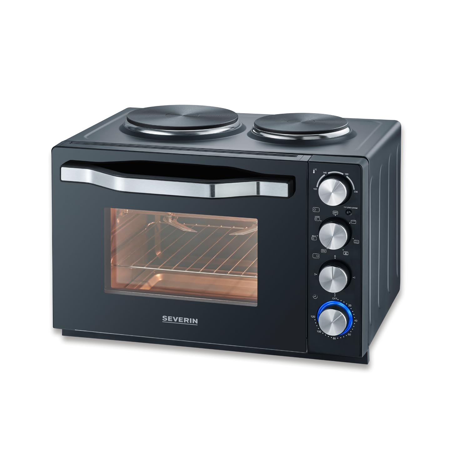 Severin Toaster Oven with Electric Hobs, Tabletop Electric Oven with Timer and Thermostat, Small Oven with Rotisserie for Chickens, Black, TO 2074