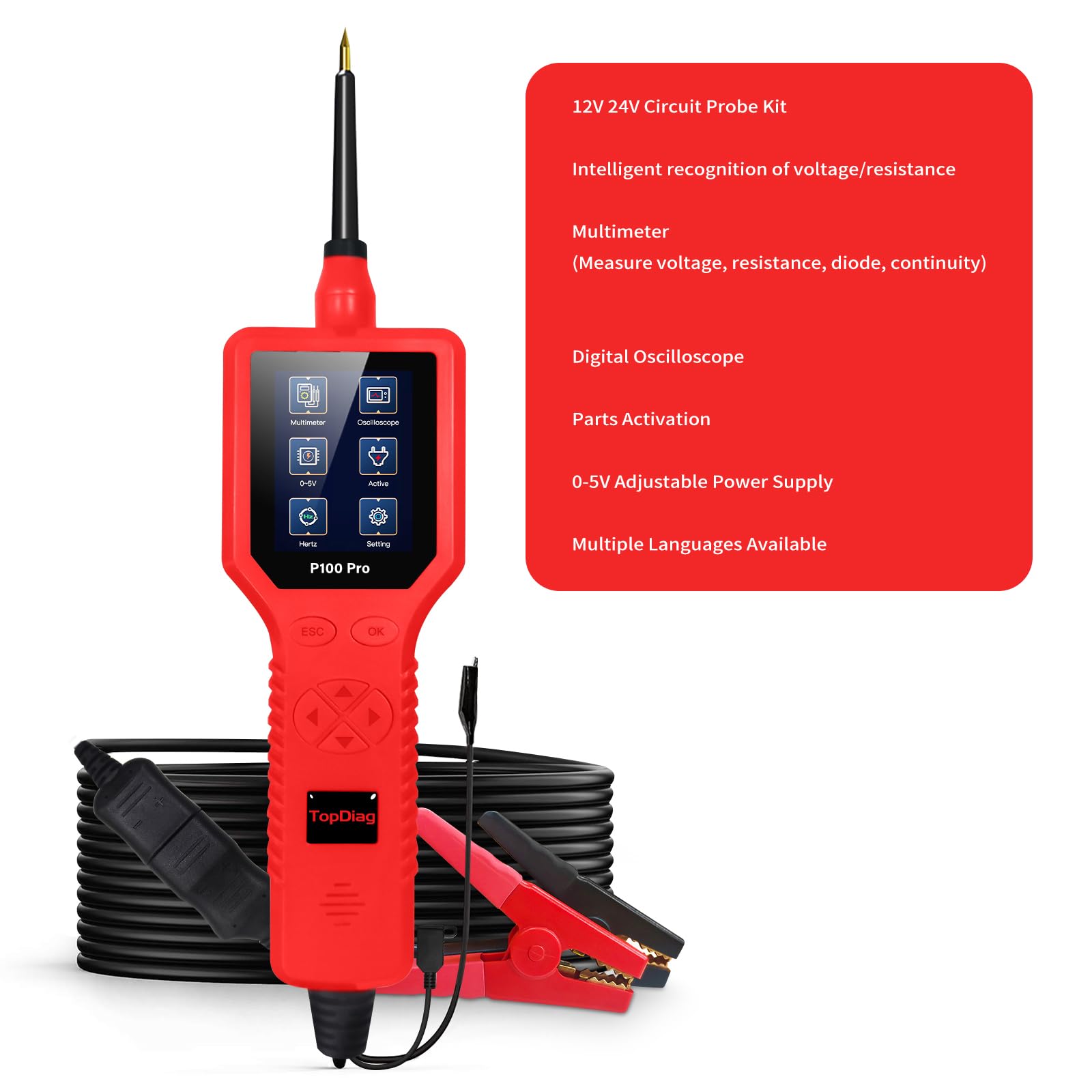 P100 Pro Kfz-Stromkreistester, Schnelles Testen, Professionelles Multimeter für Auto- und Motorrad-Enthusiasten, Schwarzes Kunststoffmaterial (Rot)