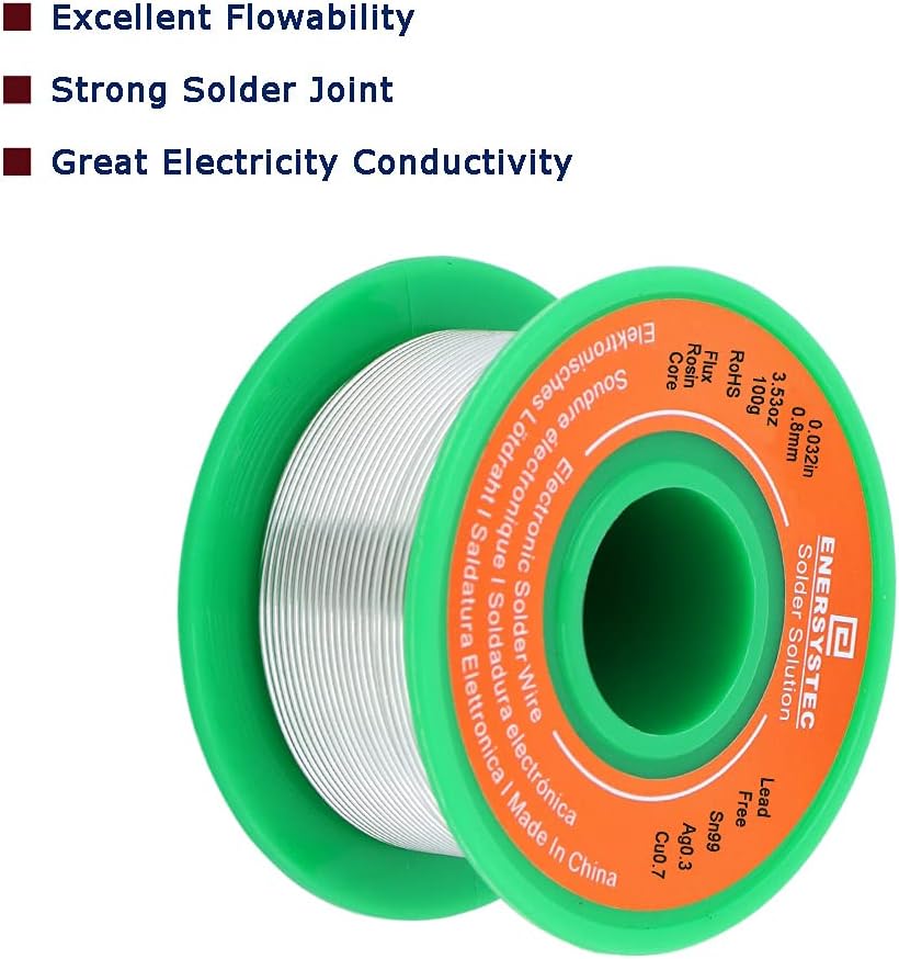 Lead-Free Solder Wire Thin 0.8mm 100g Electronics Soldering Rosin Flux Core Fine Gauge 0.032in Diameter Electrical Solder Unlead No Lead RoHS Sn99 Ag0.3 Cu0.7 Flow Well Soldering Wire