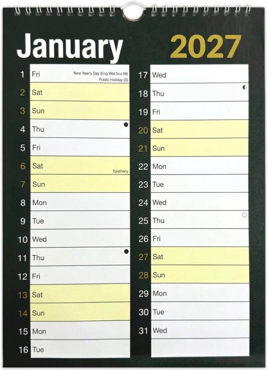 2027 Spiral Bound Month Wall Plan 2 Column Calendar Black And White