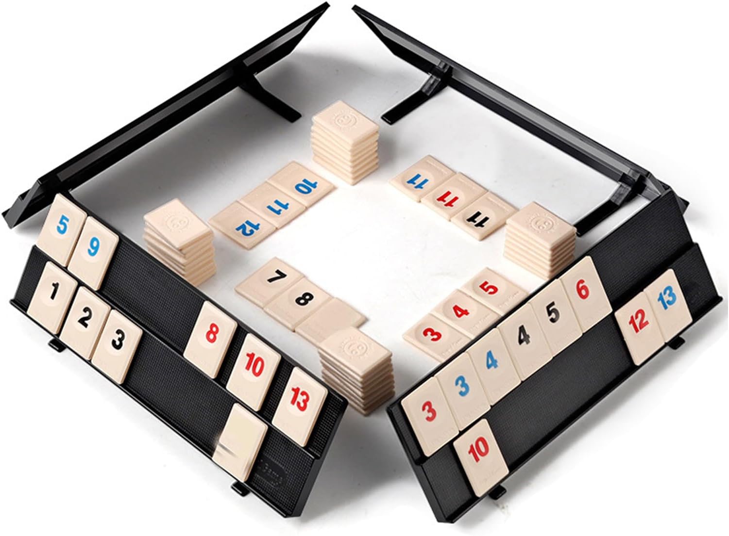 ADOFUN Ramie Cube Game, Ramie Cube Game Set with 4 Racks, 106 Pieces Portable Ramie Travel Game Set with Tile Stand and 4 Tile Holders for 2-4 Players Board Game, Includes Digital Mahjong Card