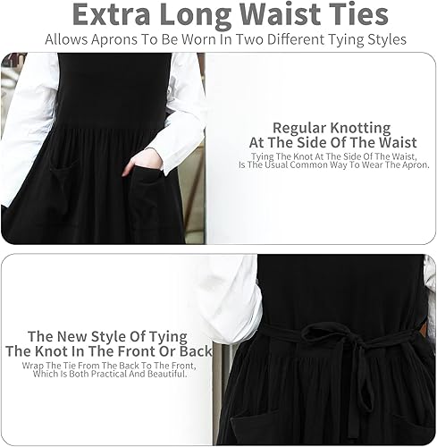 Miniatura 5 de KKTOCHVC Delantal con pechera de cintura ajustable, delantal de mezcla de algodón suave con bolsillos (negro)