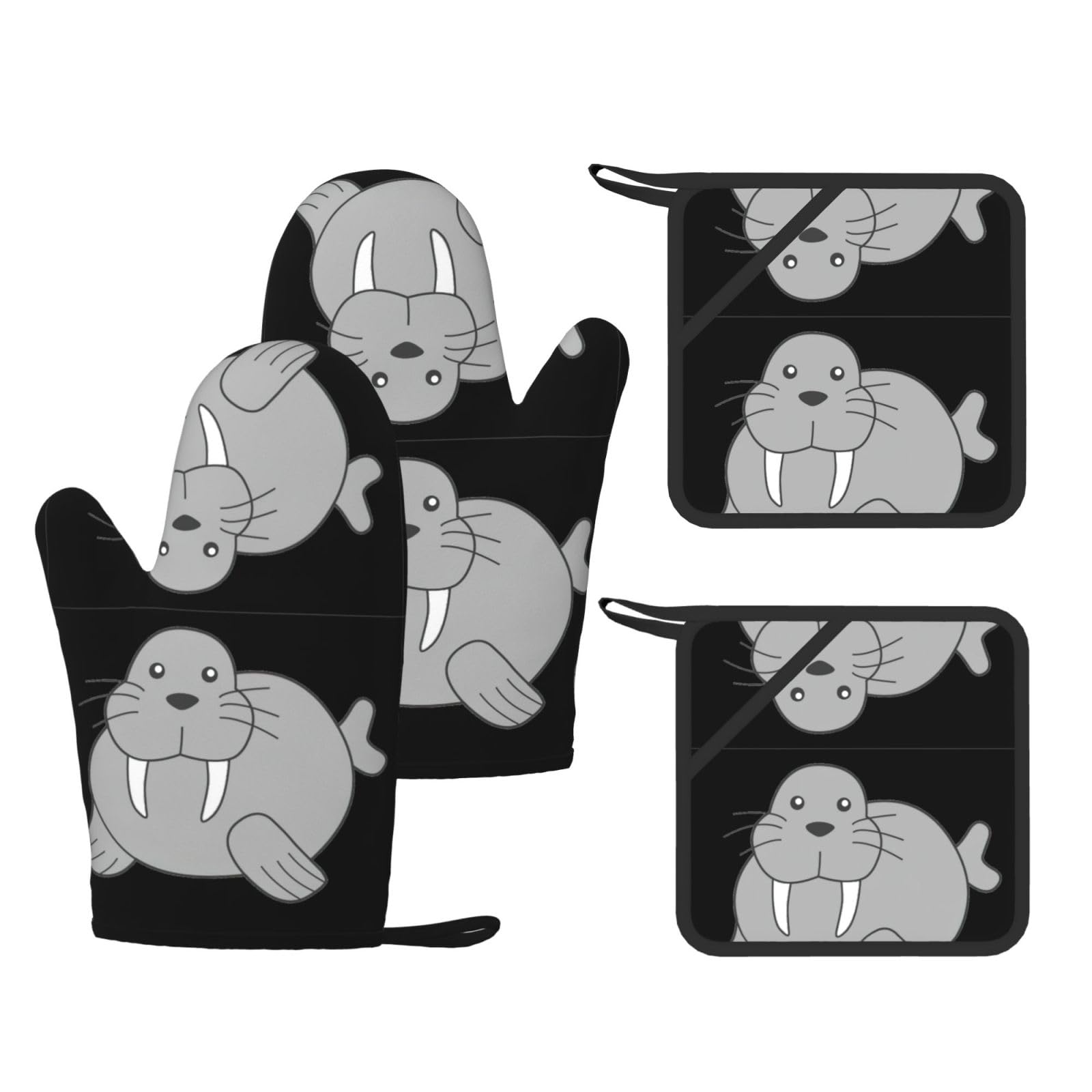 Walrus Printed Oven Gloves and Hot Pads Set of 4, High Heat Resistant Silicone Mitts for Cooking BBQ