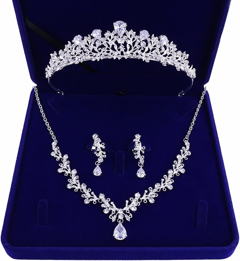 Bride Necklace Earrings Crown Tiara Set, Zircon Choker Tiara for Women Lady, Crystal Bridal Wedding Jewelry Sets for Wedding Pageant Prom Party (Silver/Gold)
