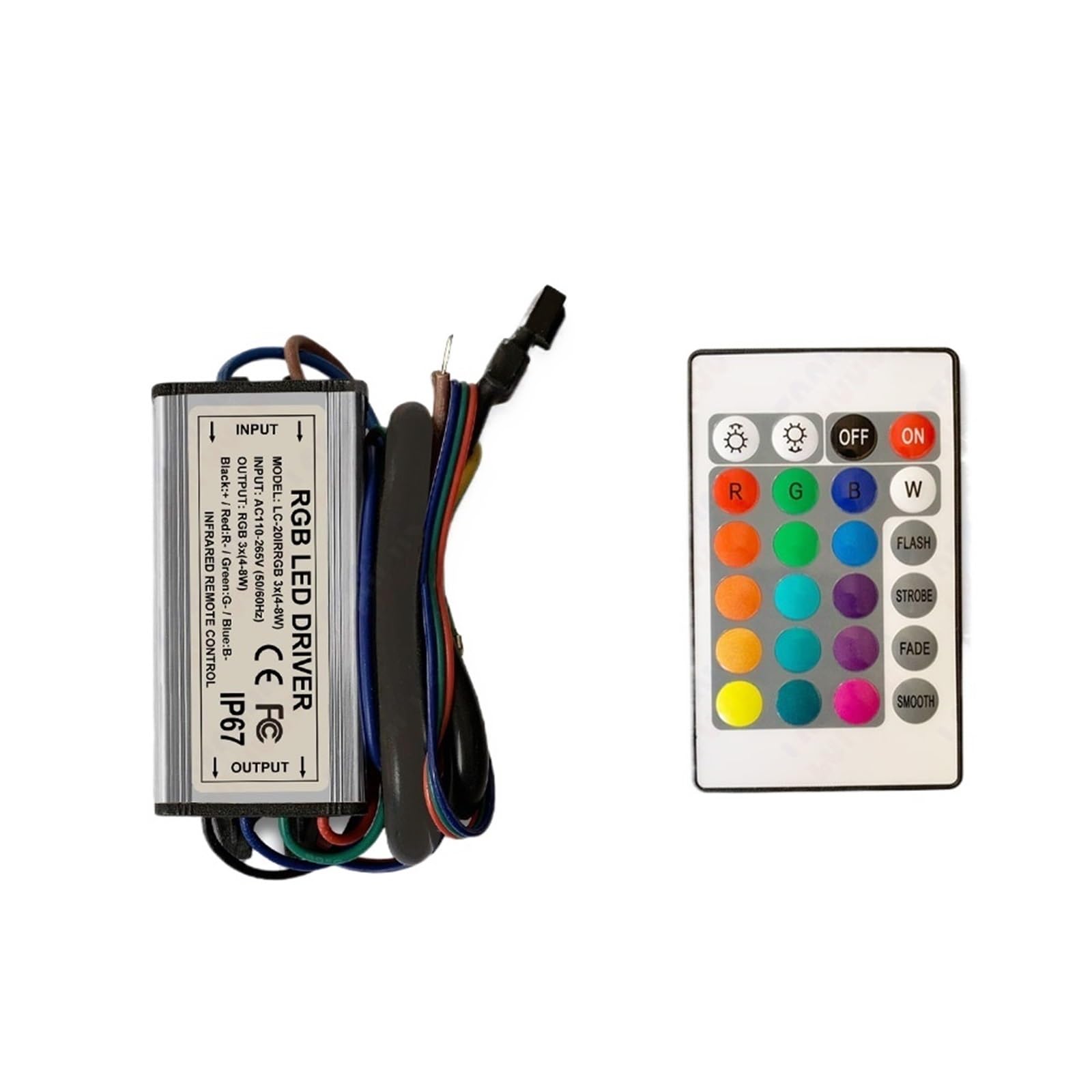 FCARUMIQP 10W 20W 30W 50W 100W RGB LED Driver Waterproof IP67 Power Supply Adapter Infrared Remote Control AC85-265V(20 Watt)