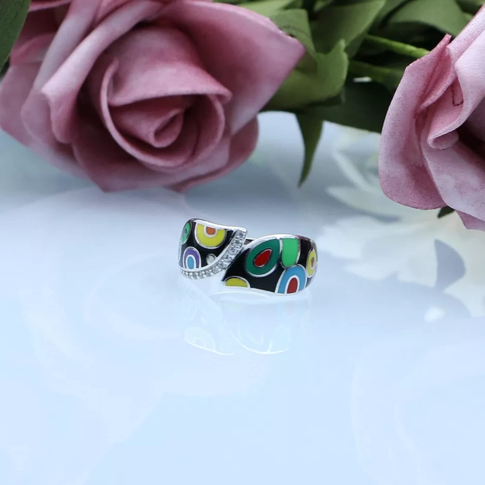 BAJIE Ehering Silberring Damen Mehrfarben Emaille Dekoration 925 Sterling Silber Han