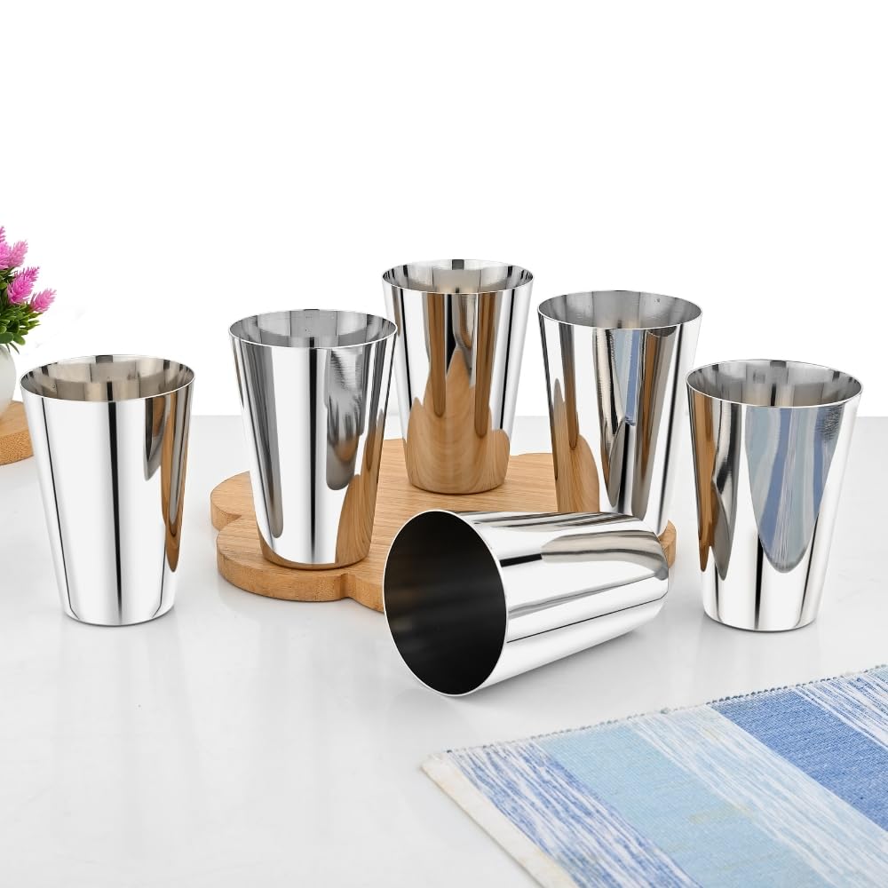 Vinod Stainless Steel Plain Glass, Set of 6 Pieces, No.9 - Capacity 450 ml, Silver, Large