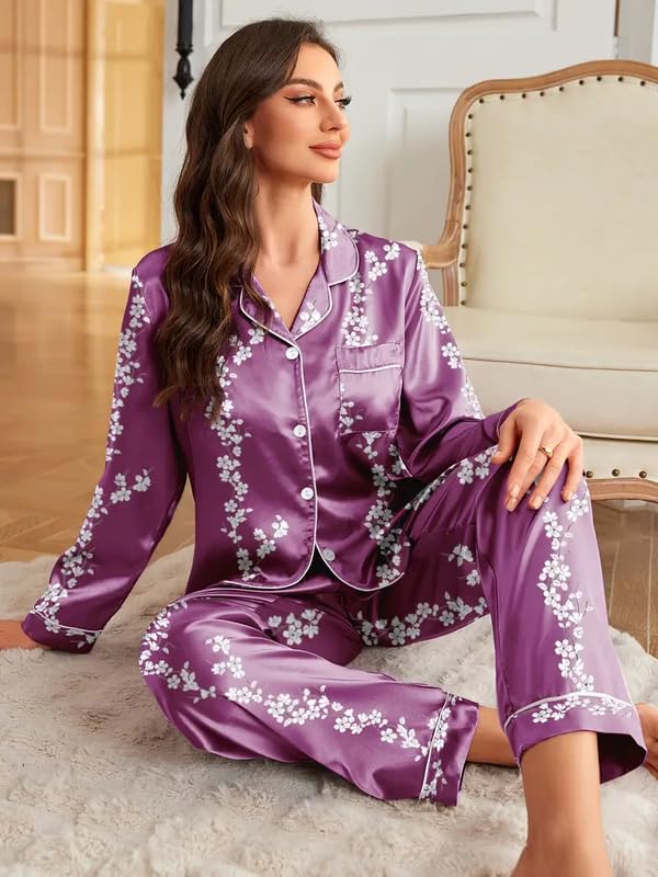 Image of Night Suit for Women with Full Sleeve Button-Down Top with Pant Dress for Woman, Cotton Night Dress for Woman, Two-Piece Loungewear Set