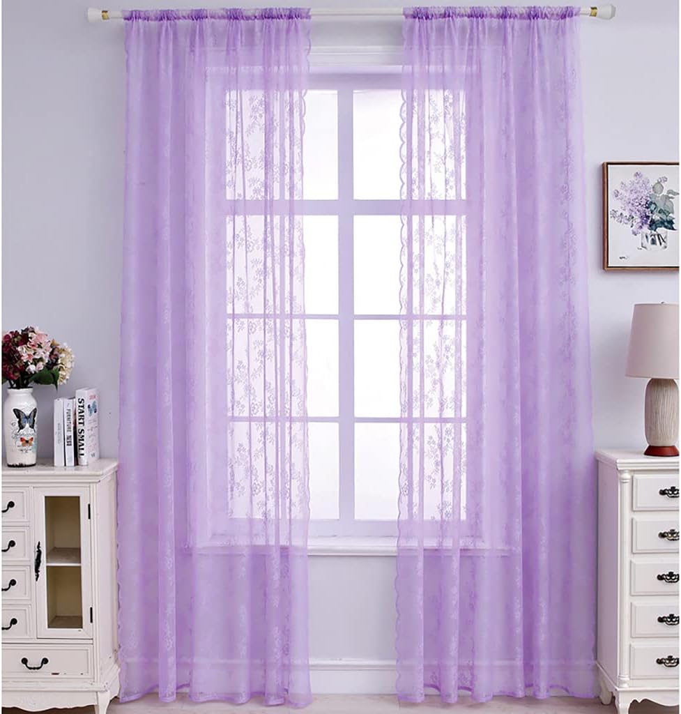 2 Pieces Curtains Translucent Sheers Rod Pocket Lace Valance for Bedroom Livingroom Balcony Hotel Wedding Party, 145x200, Purple