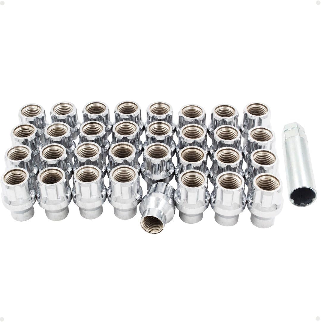 Wheel Accessories Parts 32 Pcs M14x1.5 14x1.5 Thread OE ET Bulge Acorn (Extra Thread) 1.36 Long Spline Lug Nuts Chrome Truck Spline Hex Fits Chevy Silverado GMC Sierra 2500 3500 Ford F250 F350