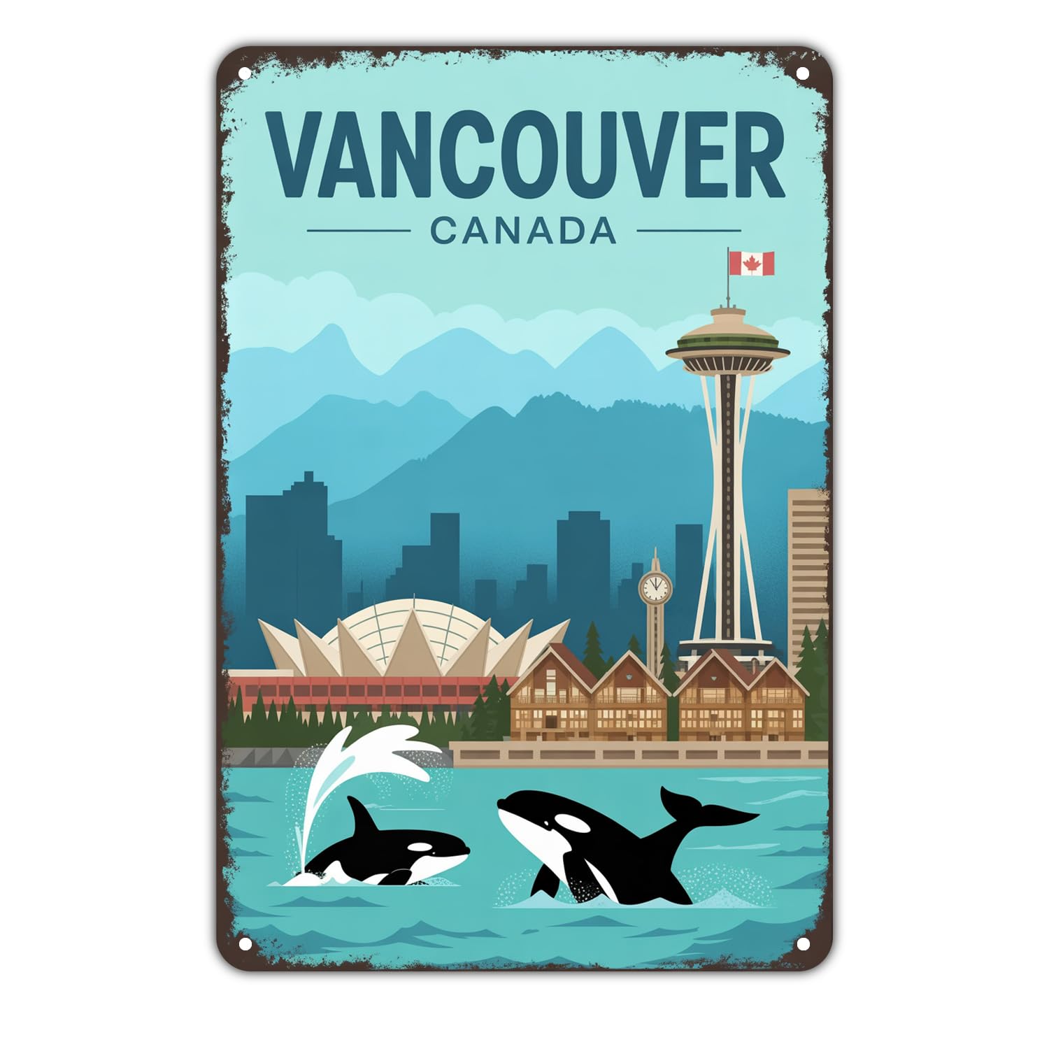 Vancouver Canada Travel Landmark Tin Sign Vintage Vancouver Orca Metal Sign Print Aesthetic Metal Tin Sign 8X12 Inch