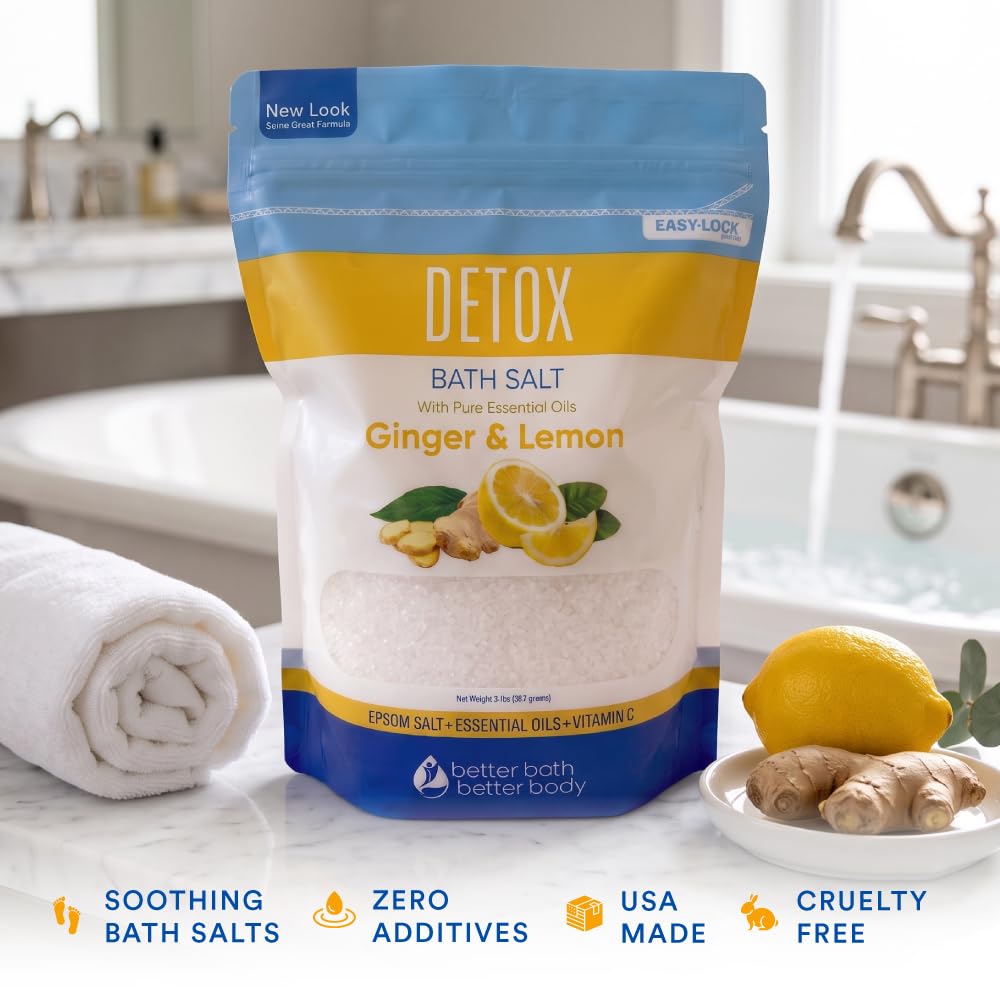Sels de bain détox 907 ml de sel d'Epsom aux huiles essentielles naturelles de gingembre et de citron plus vitamine C dans un sac sans BPA avec fermeture éclair