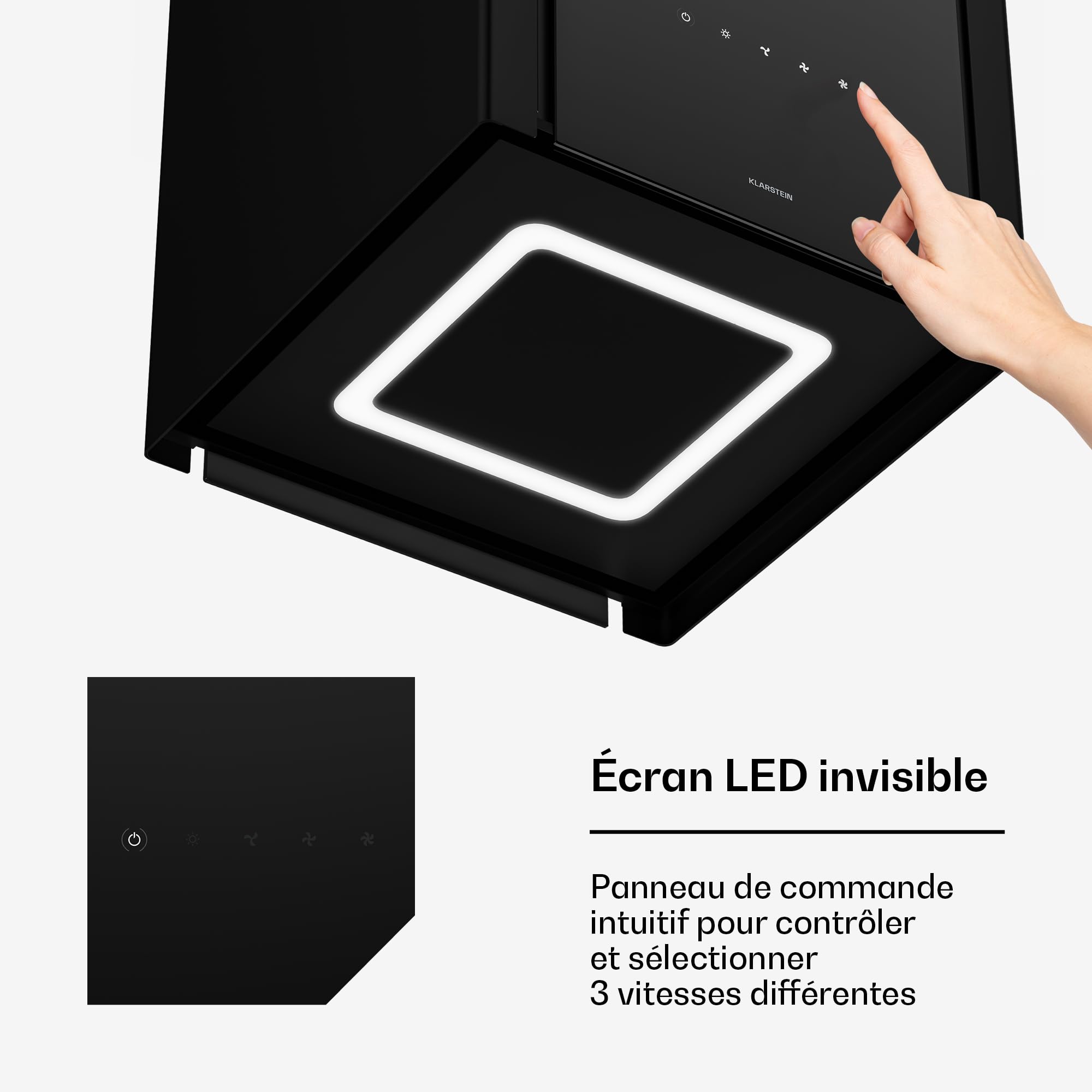Klarstein Velaire Hotte Aspirante de Plafond - A++ Éco, 601 m³/h, Ultra Silencieuse 62 dB, Commandes Tactiles, LED, Filtre Charbon, 41x41x40 cm, Hotte Cuisine, Noir