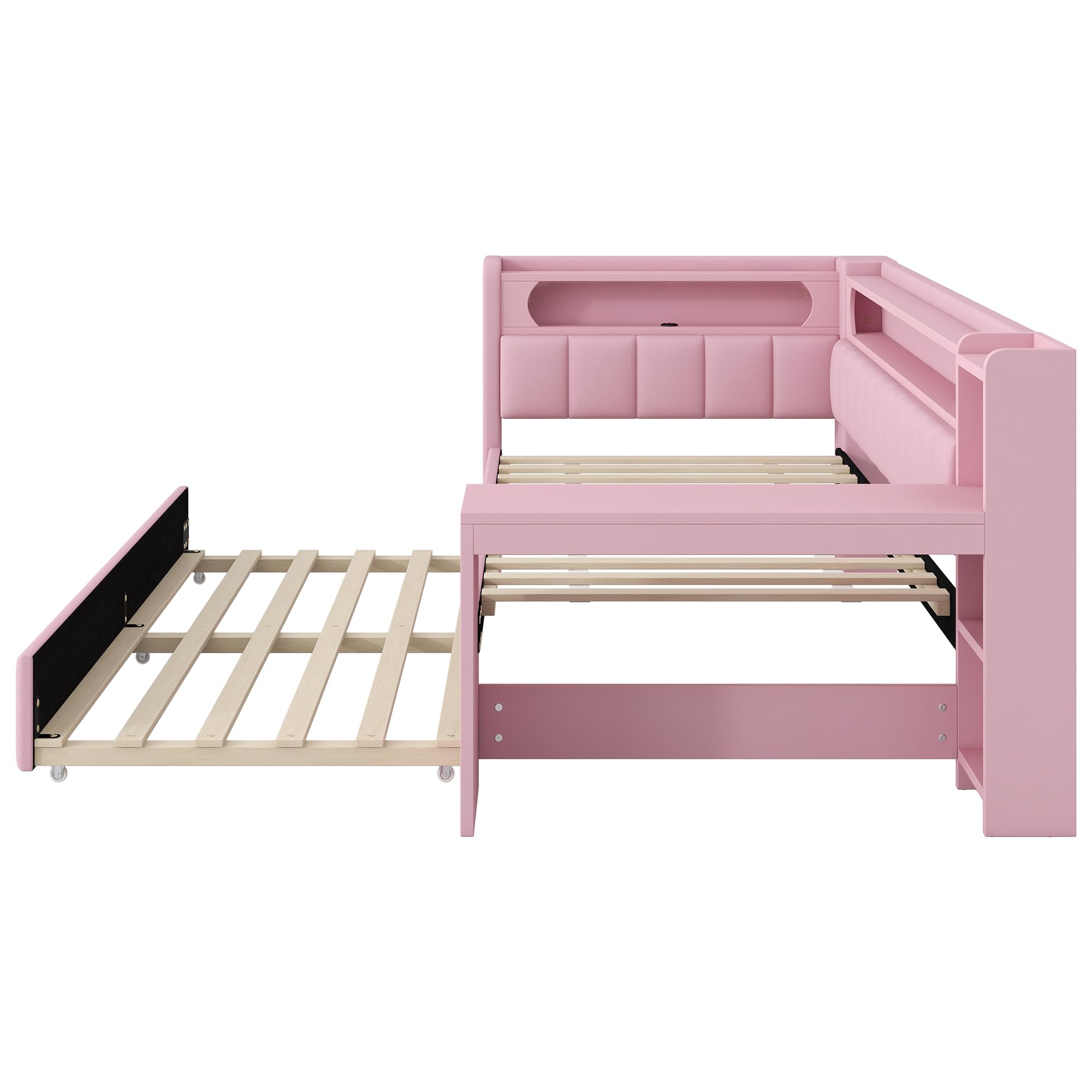 Merax Kinderbett 90x200 cm Einzelbett mit gepolstertem Kopfteil, LED-Ablagefach, Multifunktionsbett mit Schreibtisch, USB-Steckdose und Ausziehbett, Holzbett mit Lattenrost (Ohne Matratze), Rosa