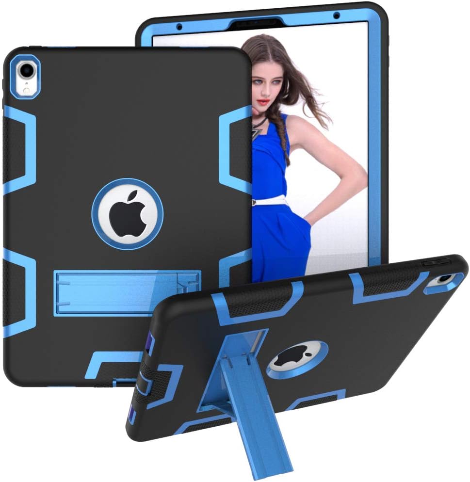 CSLU Case for iPad Pro 11 Inch 2018 Release, [Kickstand] Three Layer Hybrid Heavy Duty Full-Body Shockproof Anti-Slip Protective Stand Cover (Black/Blue)